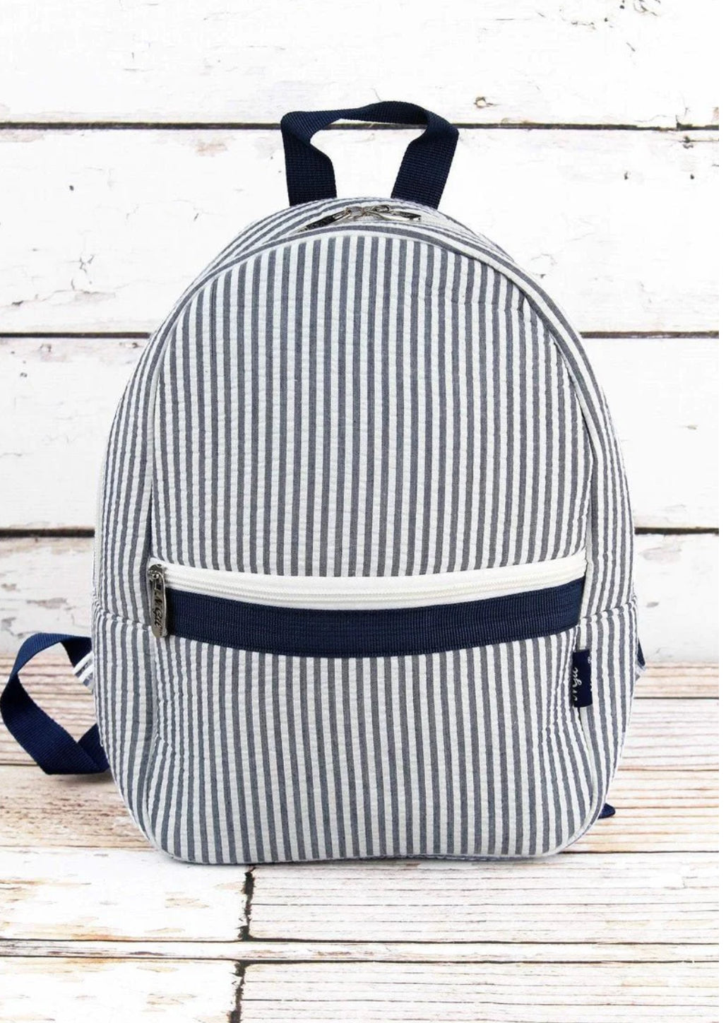 Belgium Navy Blue & white seersucker mini backpack