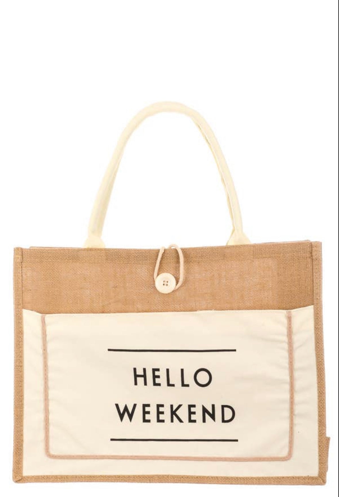 HELLO WEEKEND burlap tote bag