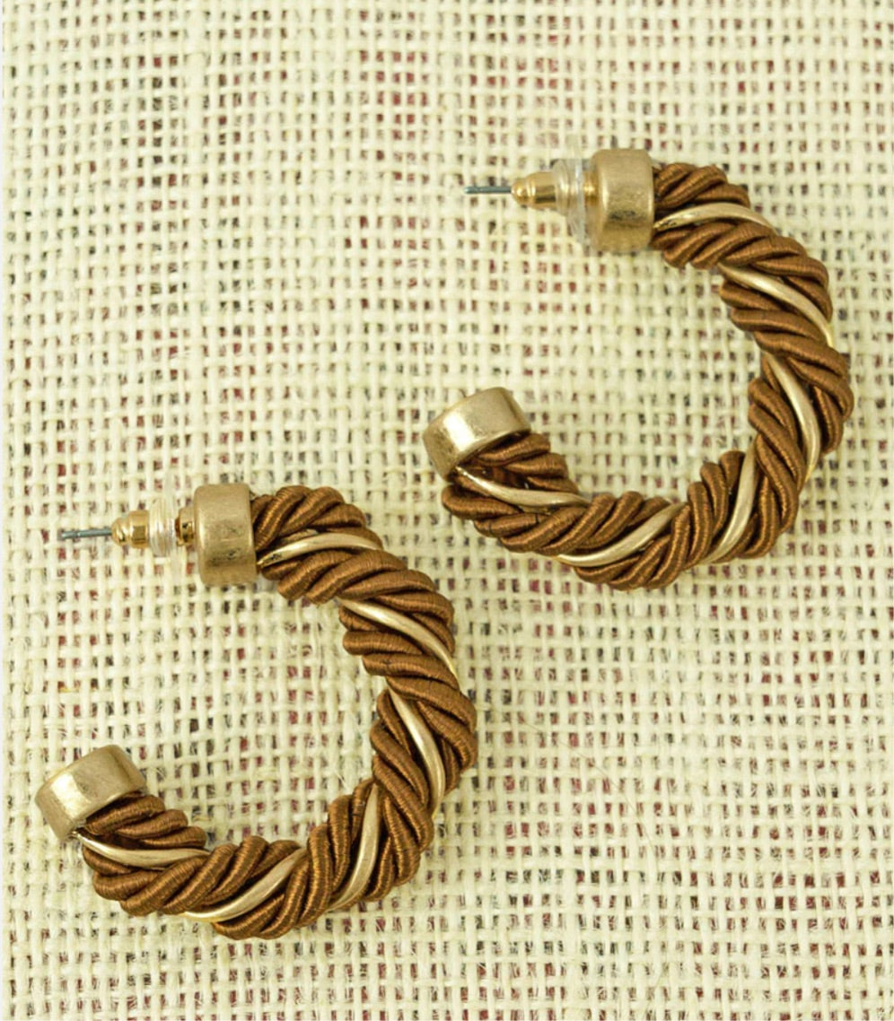 Brown and Gold twisted Cord Hoop earrings