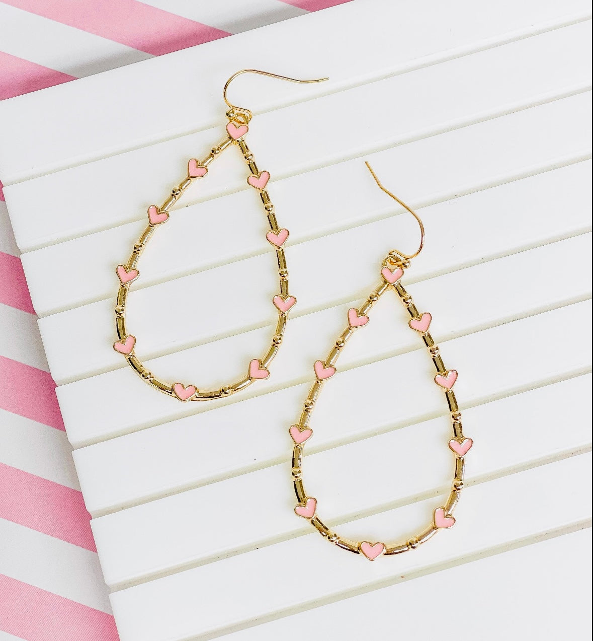 Pink heart-studded  teardrop earrings