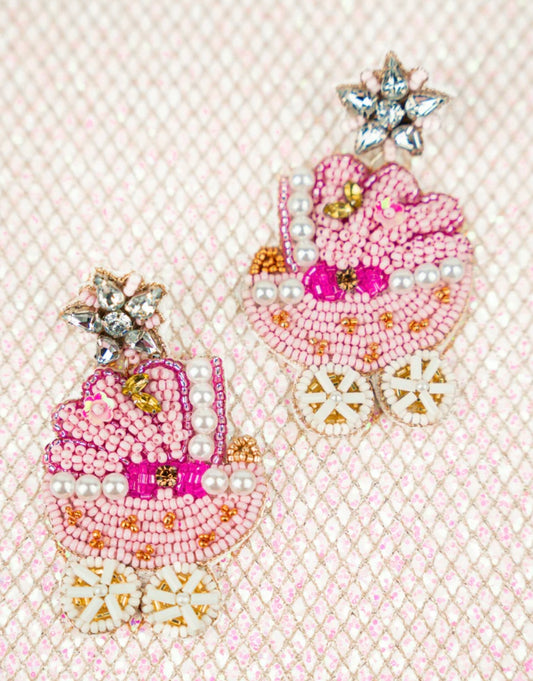 Baby Carriage- pink- seed bead earrings