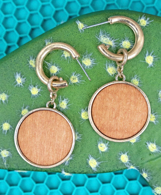 Brown Wooden Charm Hoop Earrings