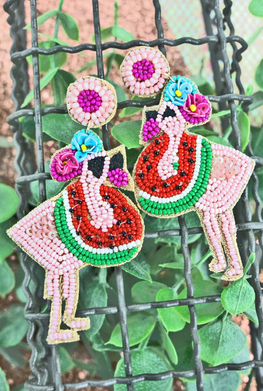 Flamingoes & Melons seed bead earrings