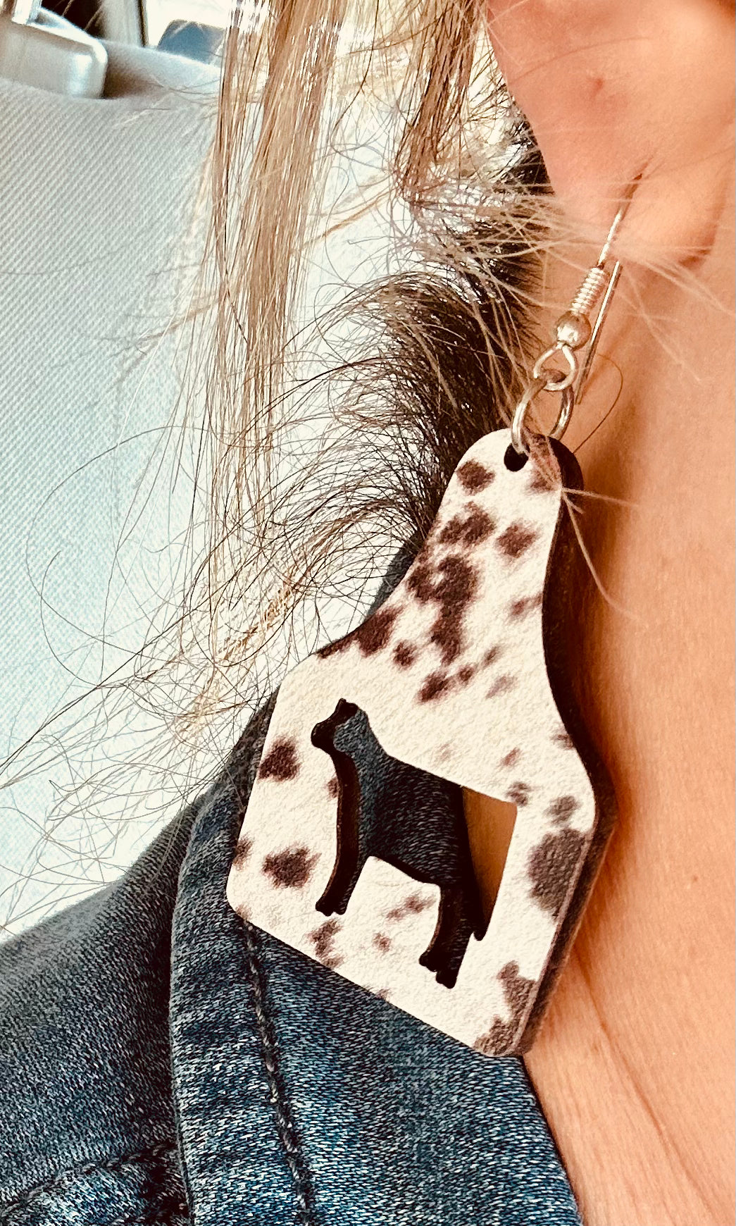 Cut out cow shape wooden earrings