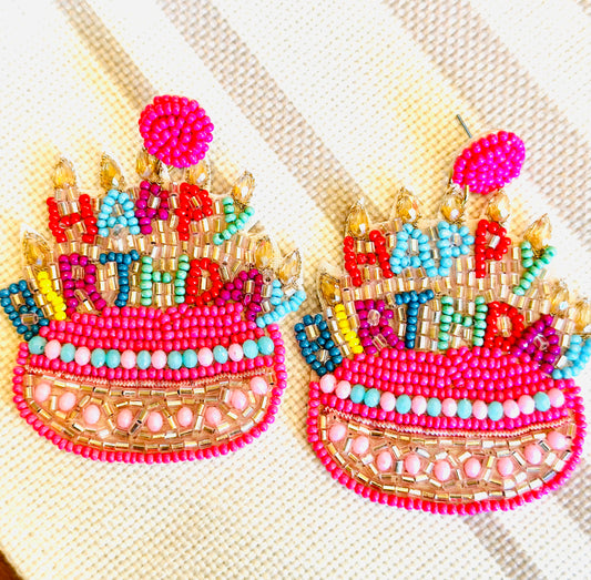 Pink Happy Birthday Seed Bead Earrings