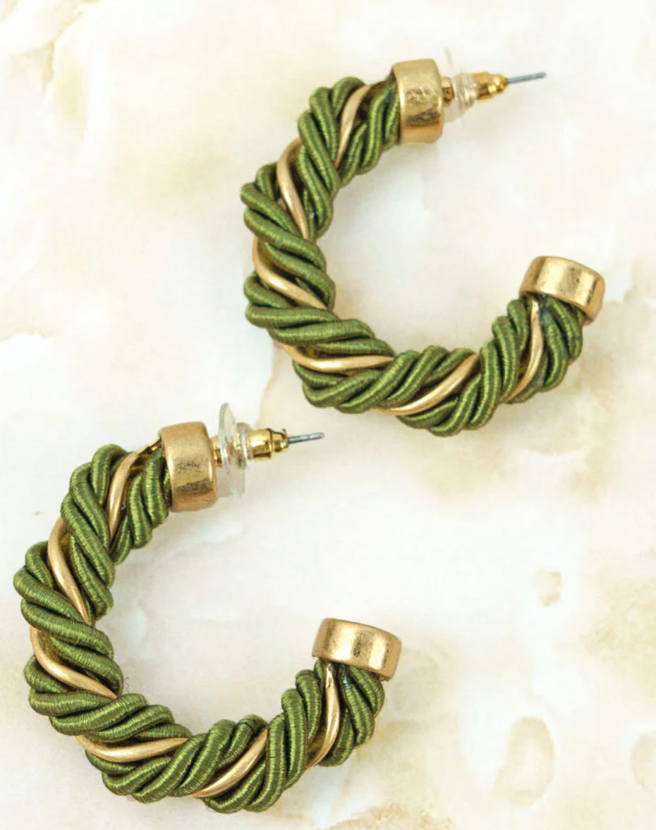 Green and gold twisted cord hoop earrings