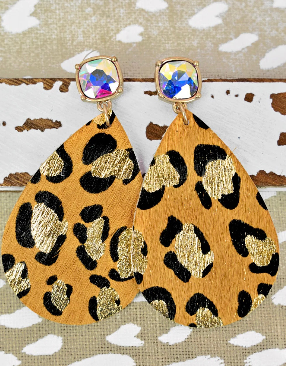 Mustard Crystal Leopard teardrop earrings