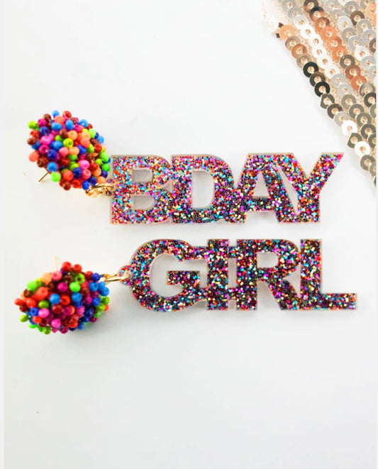 Multicolor BDAY GIRL Acrylic Earrings