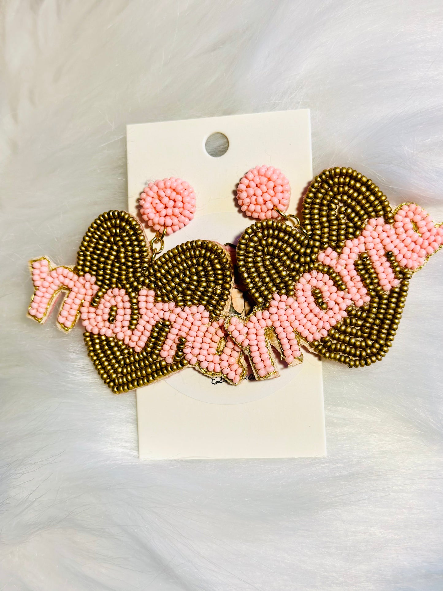 Golden heart/pink mama seed bead earrings