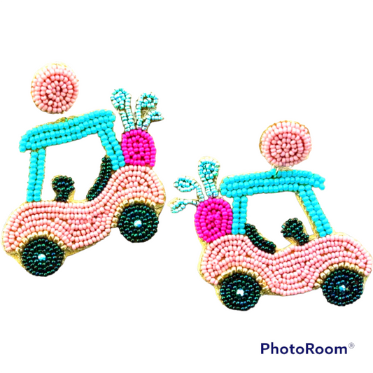 Pink Golf Cart Seed Bead Earrings