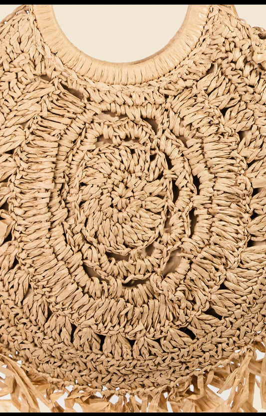 Braided Round Straw Fringe Bag