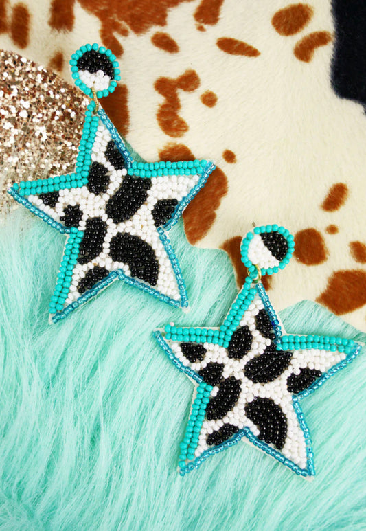 Turquoise Cow Print Star Seed Bead Earrings