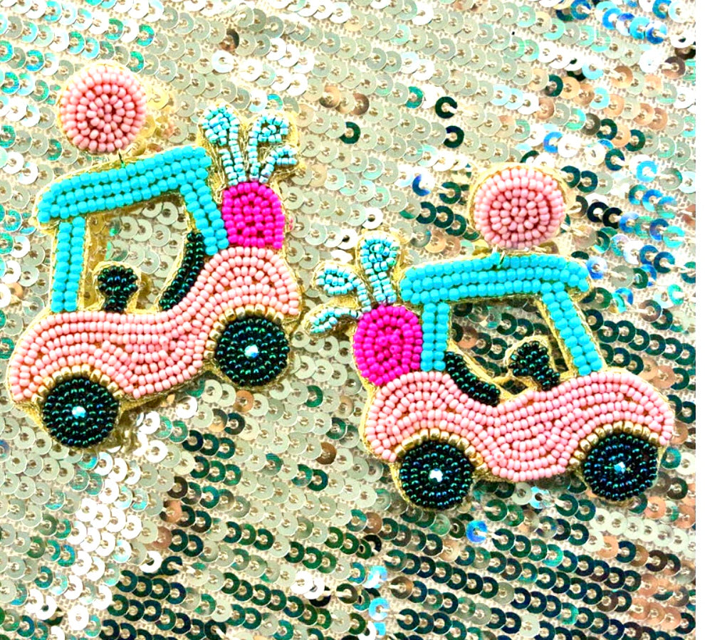 Pink Golf Cart Seed Bead Earrings