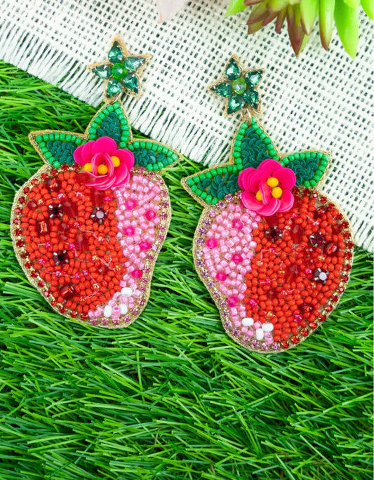 Flowers & Strawberries seed bead earrings